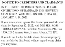 NOTICE TO CREDITORS AND CLAIMANTS IN THE ESTATE OF ROBERT SHACKER